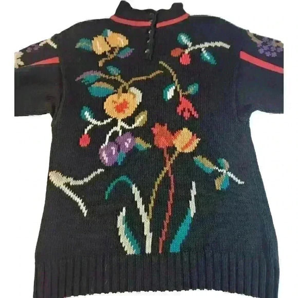 Vintage 1988 Lisa Nichols Sweater Size L Floral Button Back Chunky Knit Black - Picture 2 of 11